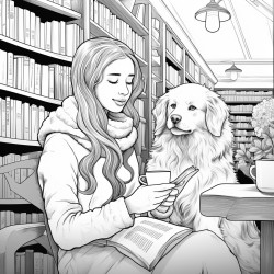 long haired girl in a cozy sweater drinking a coffee in a library with a golden retriever