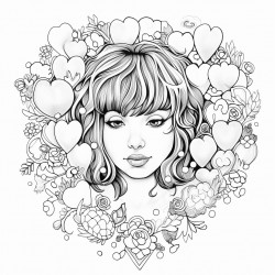 a young girl with bangs and and close eyes surrounded by seven hearts