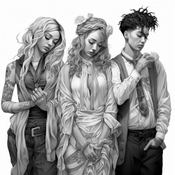 transparent figures tattered clothing mournful expressions