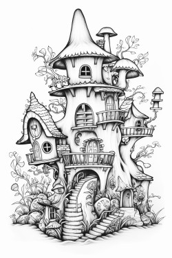 mushroom houses with a beautiful garden with a gnome snoozing in a hammock hanging from two trees in the garden