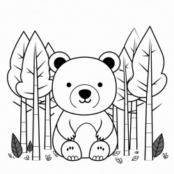 a cute bear black and white thin outlines surrounded by trees for kids at the age of 3