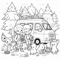 kids in camper van parked in a forest with wild animals around it