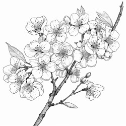 create a blackandwhite coloring page of cherry blossom branches in full bloom use bold clean outlines for the branches and flowers with some blossoms fully open and others just blooming add a few falling petals for detail keep the design simple and uncluttered with large areas