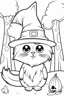 cute cat in a wizard hat magical forest