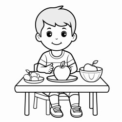 a 35 year old is sitting on chair and eating apple and there is a bucket kept on the table consisting of fruits