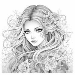 greyscale adult coloring page with manga woman with long hair