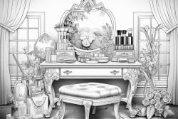 a chic vanity with an elegant mirror surrounded by makeup brushes foundations eyeshadow palettes and lipstick tubes