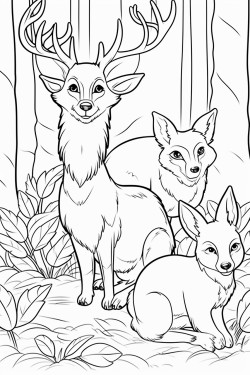 a happy lion deer rabbit fox and squirrel all together in a forest setting can you generates images colouring book