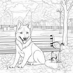 a smiling dog holding a piece of paper in the background a park with trees and a bench  autumn atmosphere