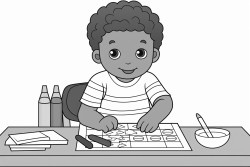 a little boy coloring on a table with many colors