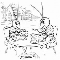 draw me two lobsters enjoying a cup of tea at a french tea party