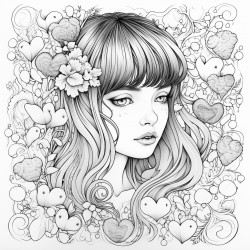 a young girl with bangs and and close eyes surrounded by seven hearts