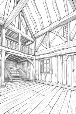 simple outline of exposed wooden beams running across the ceiling adding a touch of countryside charm minimum detailed