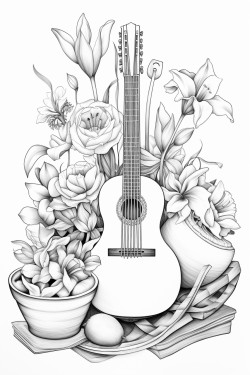 realistic artistic still life with volume that contains a guitar and a vase with tulipans