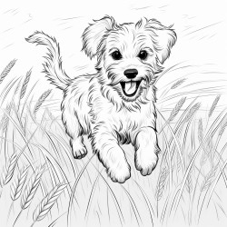 dog running in a wheat field