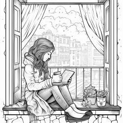 raining girl back window books coffee  coloring sheet