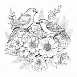 floral composition bouquet with hand drawn flowers blossom branches leaves and birds