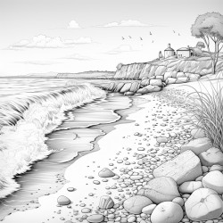 ocean calm  a beach scene with gentle waves and seashells on the shore