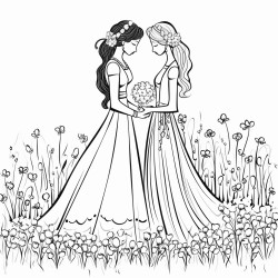 a thin bride and a curvy bride in a field of flowers