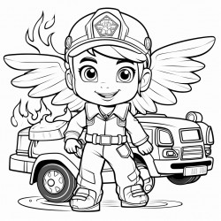 a big eyes angel kid with wings at the fire department