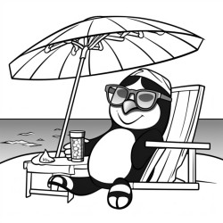 pinguin on the beach wearing sunglasses holding a cocktail in a sunbed