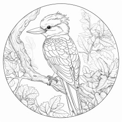 line art for adult coloring book of a kookaburra  on quest in ancient forest with echo laughing stone