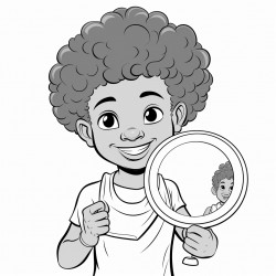 a cheerful illustration of a black child holding a mirror and smiling at their reflection