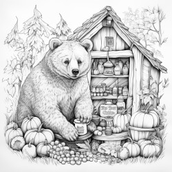 a black bear bakes cinnamon bread in an english cottage in the autumn