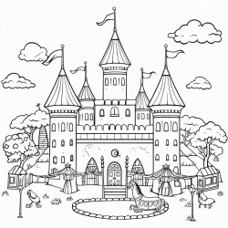 beautiful castle and in front of the castle a number of fair stalls