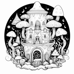 fantasy mushroom palace in a jar neon colors night sky colorful clouds whimsical