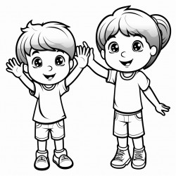 hello two children facing each other one with their hand raised in a wave and the other signing hello using als