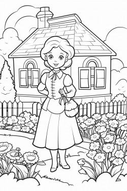 cottage with vegetable garden with flowers and a woman in a dress