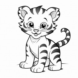 black and bright white whimsical cartoon tiger cub full body on white background