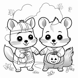 a cozy cute scene of 2 animal friends trickortreating on halloween