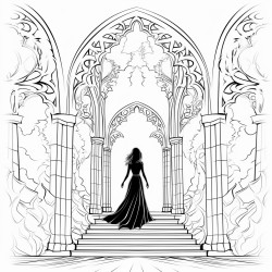 a mysterious silhouette walking through the arches of a dark gothic castle