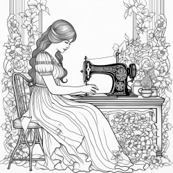 50 year old woman sitting at sewing machine surrounded by flowers