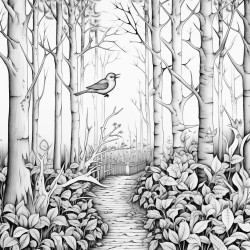 forest with a walking path a bird in the trees