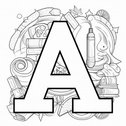 a colouring page of ten different images that start with the letter a