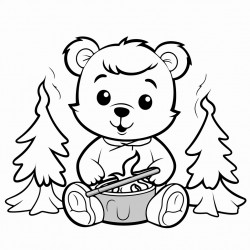 a cute bear cub roasting marshmallows by a campfire black and white outline leaving space for kids to color