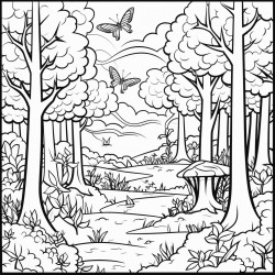 a magical forest with fairies flying among the trees