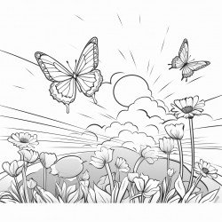 butterflies flying through a flower field with a sunset