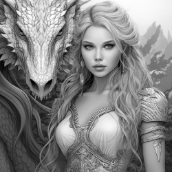 a young woman with a long braid standing next to a dragon