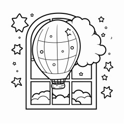 minimalistic design air balloon in sky view from window stars night theme