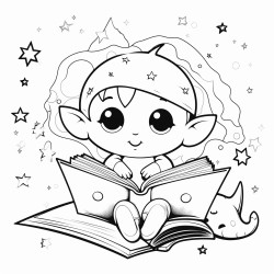 a little alien reading a book under a starry sky with a cute cat curled up next to them