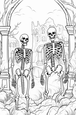 skeletons stand in the middle of an ancient cemetery
