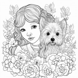 beautiful doll with flowers flowing hair ribbons with a cute scottish terrier and patterdale terrier