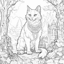 un chat fantastique dans une foret medievale