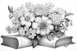 open books surrounded by various delicate flowers