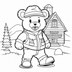 a cartooning farmer bear wearing a hat and shoes trees house
