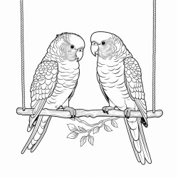 two budgies sitting on a swing